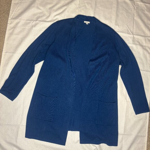 J. Jill Cotton Blend Open Cardigan Pocket Long L Blue - Picture 1 of 5
